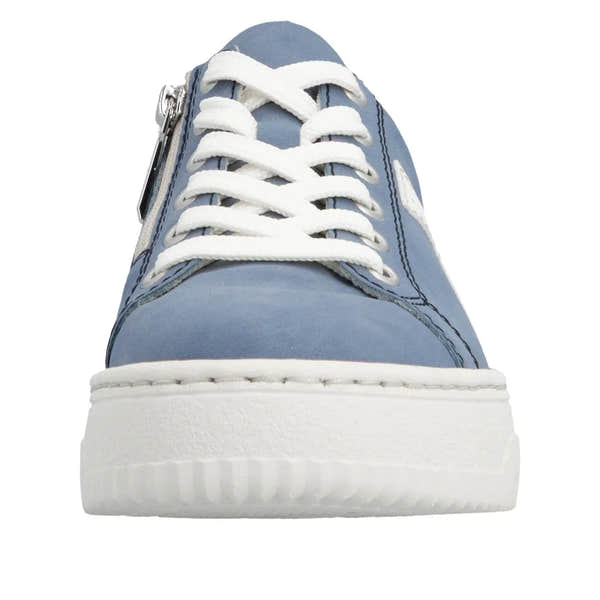 Light blue and off-white lace and zip trainers with a padded sole and textured sole for women.