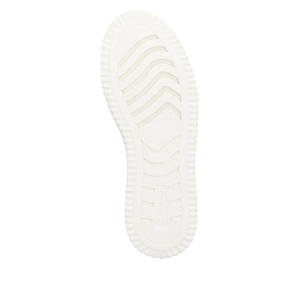 White sole of Rieker N9920-14 light blue/off white zip and lace trainers, with textured pattern and brand logo.