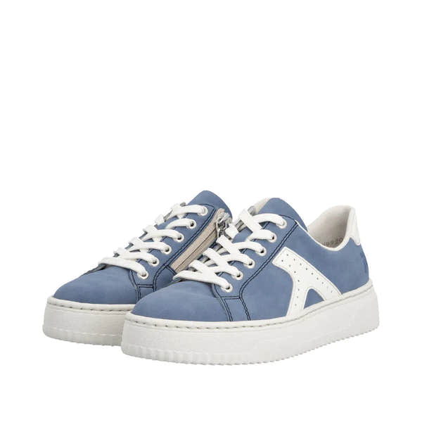 Light blue and off-white lace and zip trainer with cushioned sole, synthetic upper, and white accents.