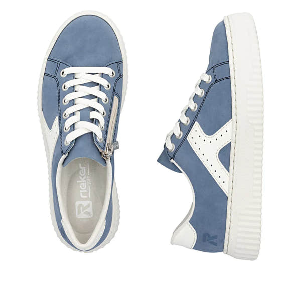 Light blue and white ladies' lace-up trainers with zip detail, perforated side panel, and textured white outsole.