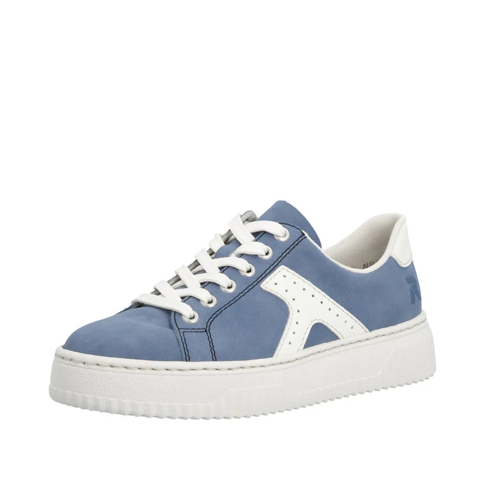 Light blue/white lace-up trainer with zip detail, made of synthetic materials, with white sole and contrasting accents.