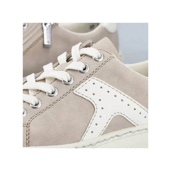 Rieker N9920-62 ladies' ginger and off-white sport trainers with lace and zip, featuring synthetic materials and perforated details.