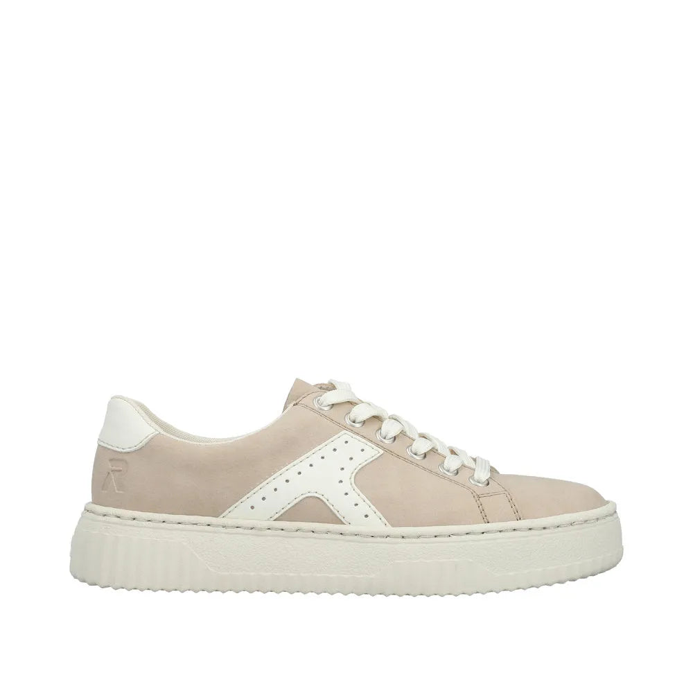 Rieker N9920-62 ladies trainers in ginger and off white, with lace and zip fastening, chunky sole, soft material, stylish casual design.