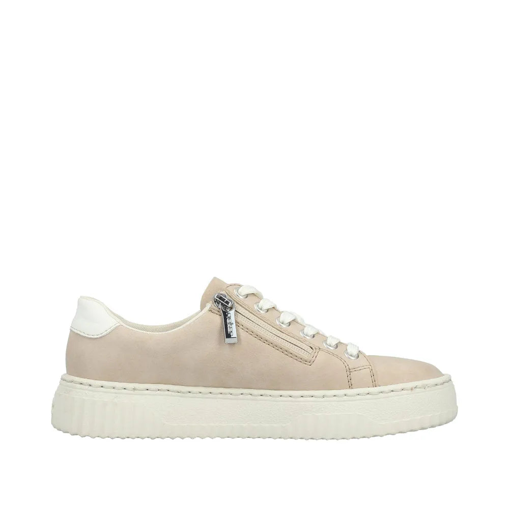 Beige/Off White Rieker N9920-62 lace-up sneakers with side zipper, chunky sole, and mixed materials.