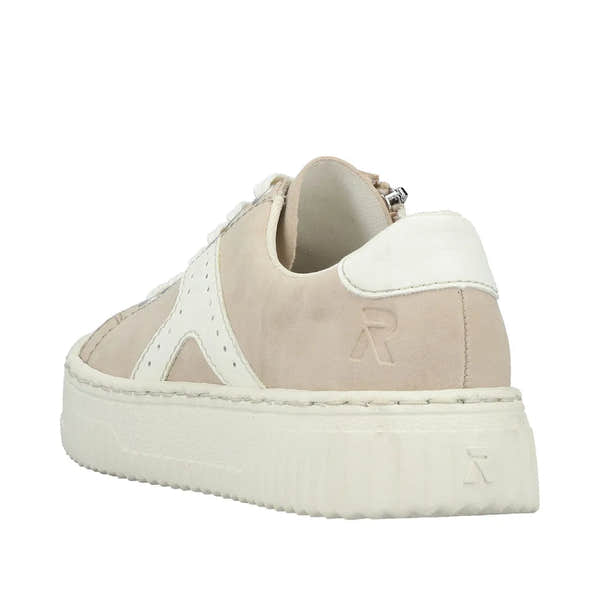 Rieker N9920-62 ladies' beige off-white zip and lace trainer with suede and leather materials, chunky sole, and branded detail.