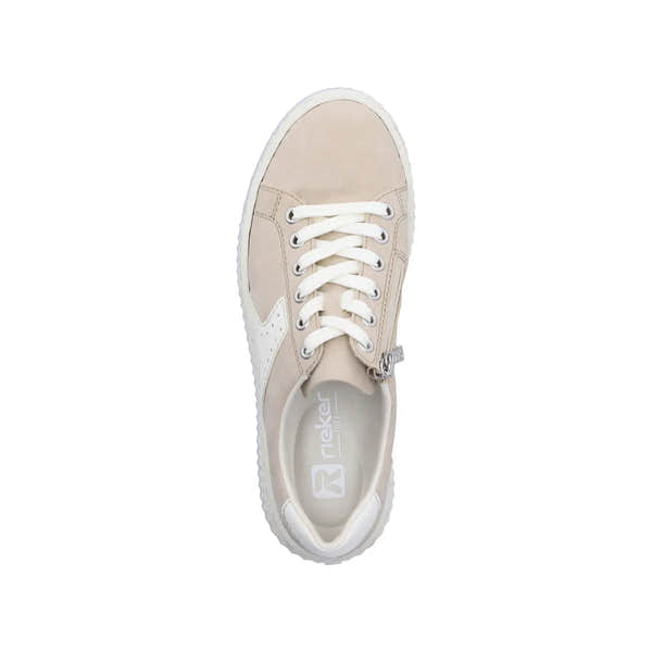 Rieker N9920-62 beige and off-white lace-up trainers with zipper detail, suede and synthetic materials, cushioned interior.