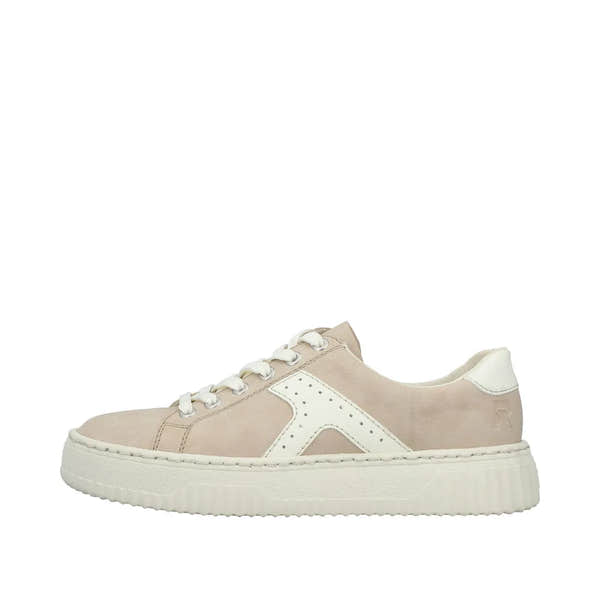 Rieker N9920-62 ladies' ginger and off-white lace-up trainers with zip, suede and leather materials, chunky sole, and sporty style.