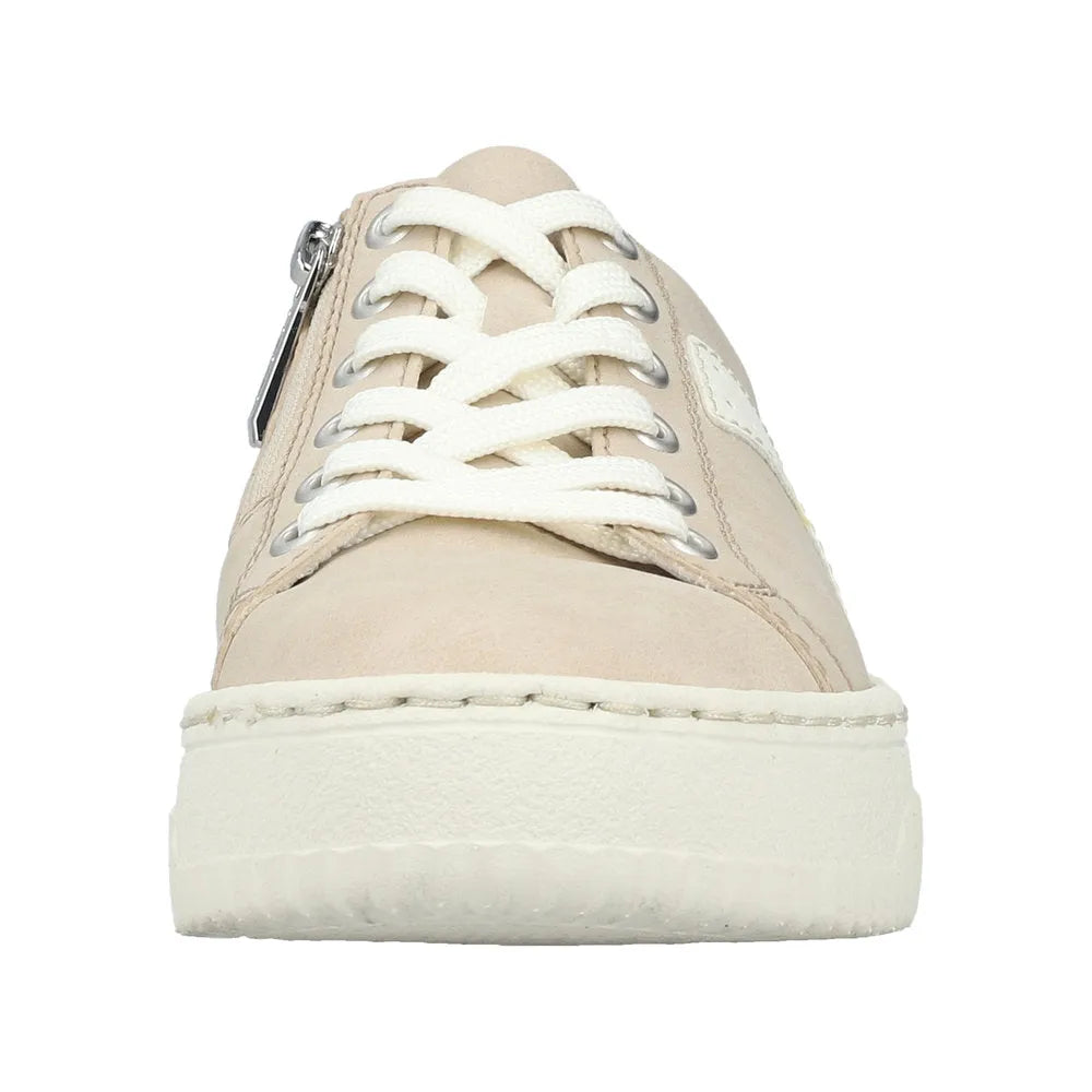 Rieker N9920-62 ladies trainers in ginger and off-white with lace-up closure, side zip, and padded sole.