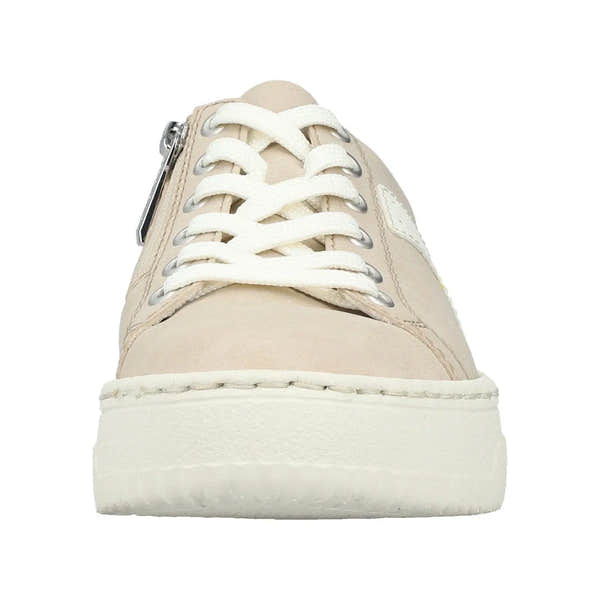 Rieker N9920-62 ladies trainers in ginger and off-white with lace-up closure, side zip, and padded sole.
