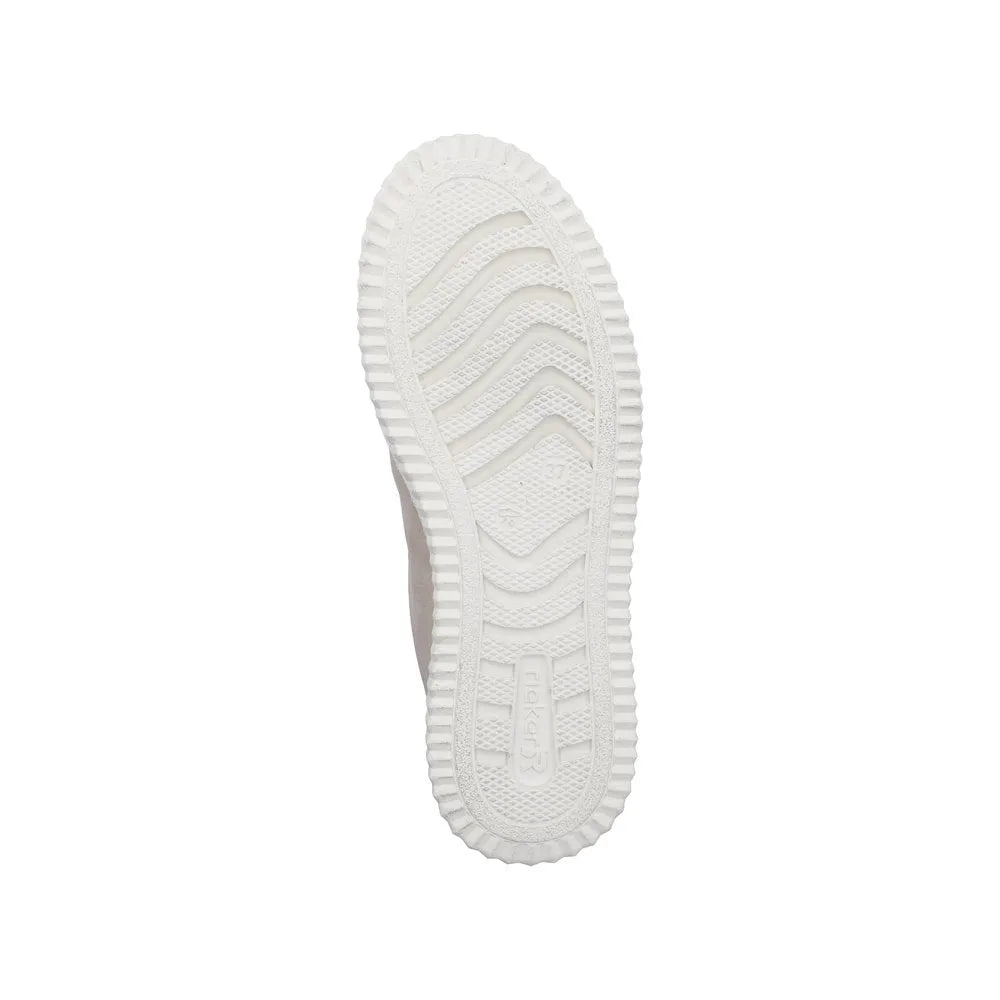 White lace and zip casual trainer with textured sole, in ginger/off white color, from Rieker N9920-62.