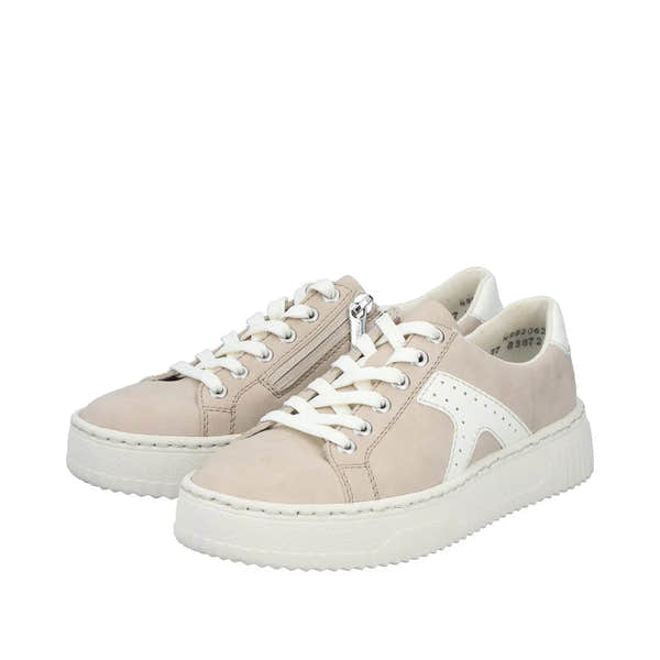 Rieker N9920-62 ladies' beige/off-white trainers with lace-up, side zip, and chunky white sole, made of suede and leather accents.