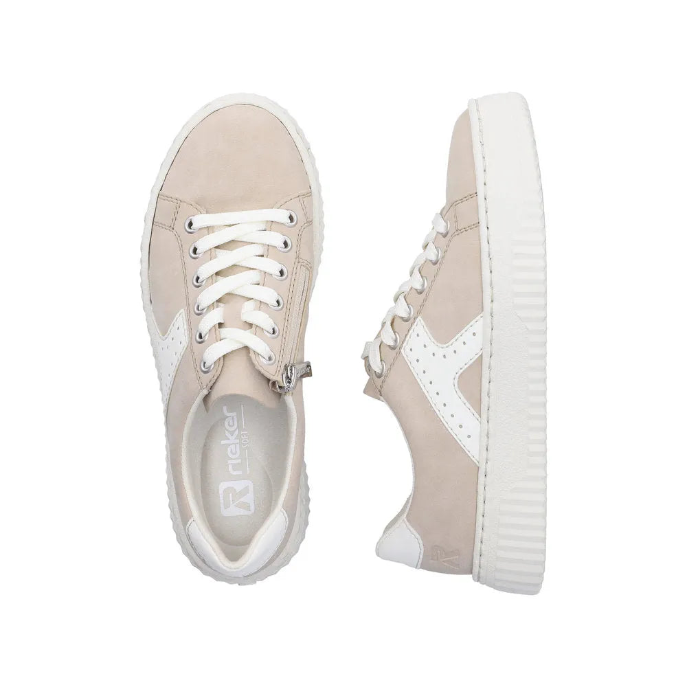 Rieker N9920-62 ladies' zip and lace-up trainers in beige and off-white with suede and synthetic upper, sporty sole.
