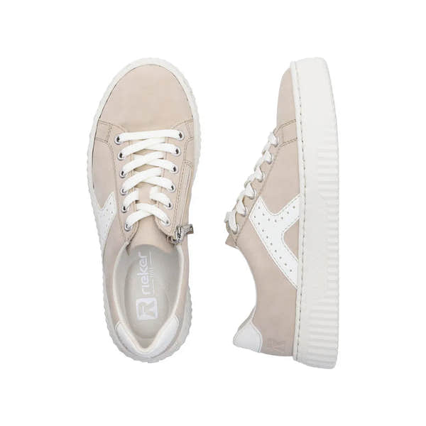 Rieker N9920-62 ladies' zip and lace-up trainers in beige and off-white with suede and synthetic upper, sporty sole.