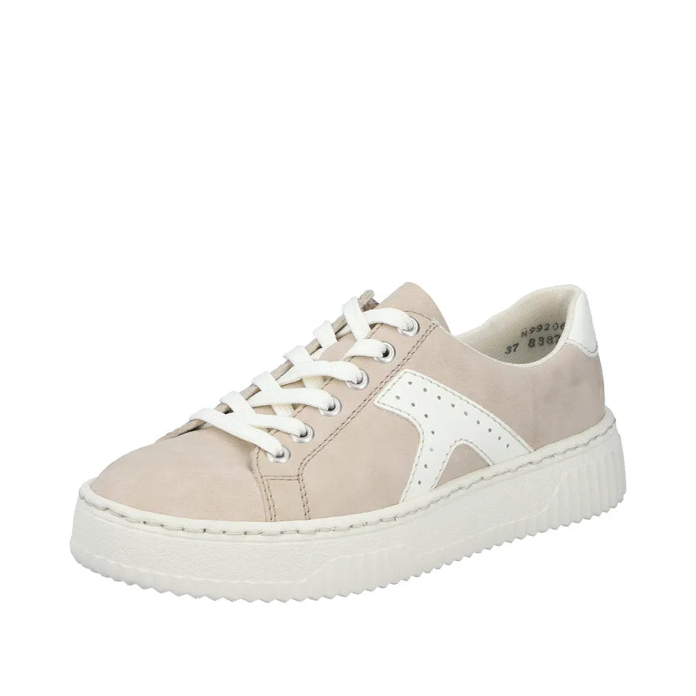 Rieker N9920-62 women's beige and off-white trainers with lace-up and zip closure, suede and leather materials, chunky sole.