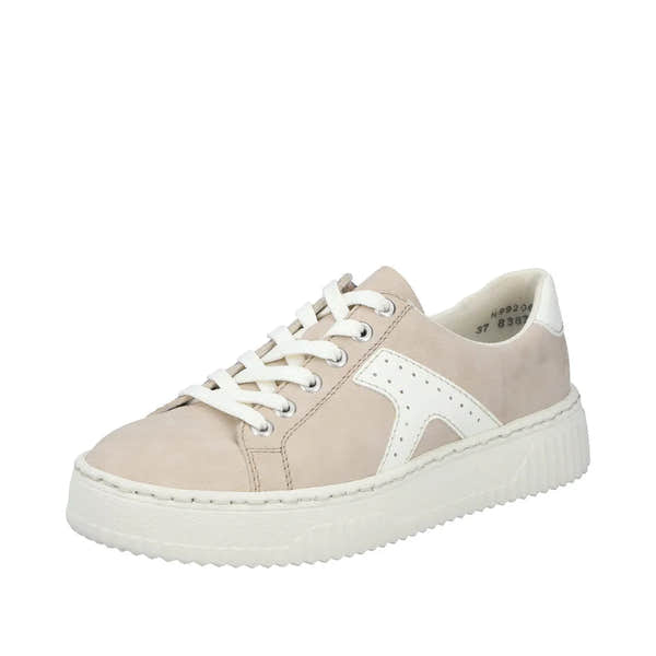 Rieker N9920-62 women's beige and off-white trainers with lace-up and zip closure, suede and leather materials, chunky sole.