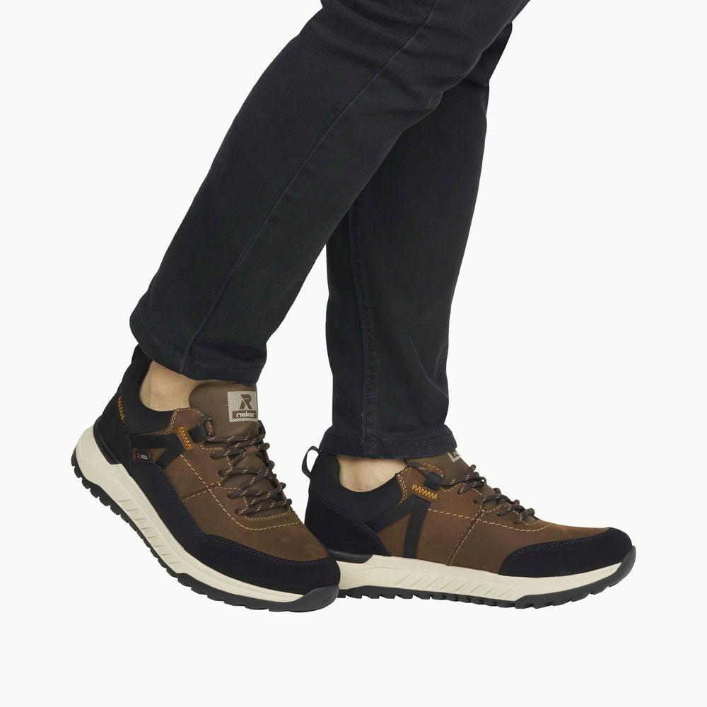 Rieker U0100-22 men's brown suede water-resistant lace-up shoes with black accents and white sole.