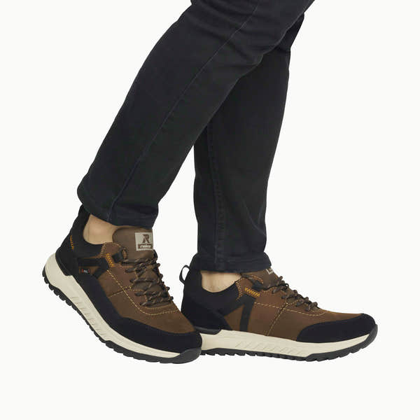 Rieker U0100-22 men's brown suede water-resistant lace-up shoes with black accents and white sole.