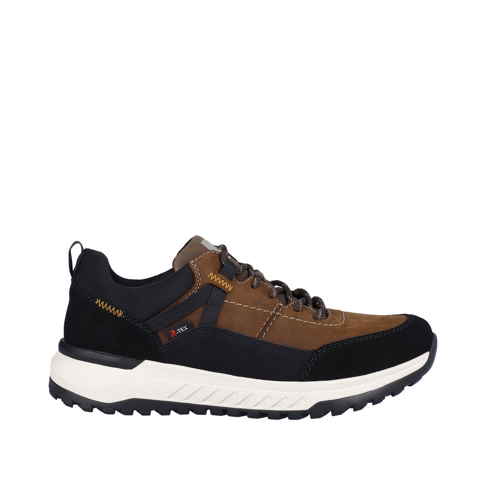 Rieker men's brown combi suede water-resistant lace-up shoes with black accents and white sole, suitable for outdoor wear.