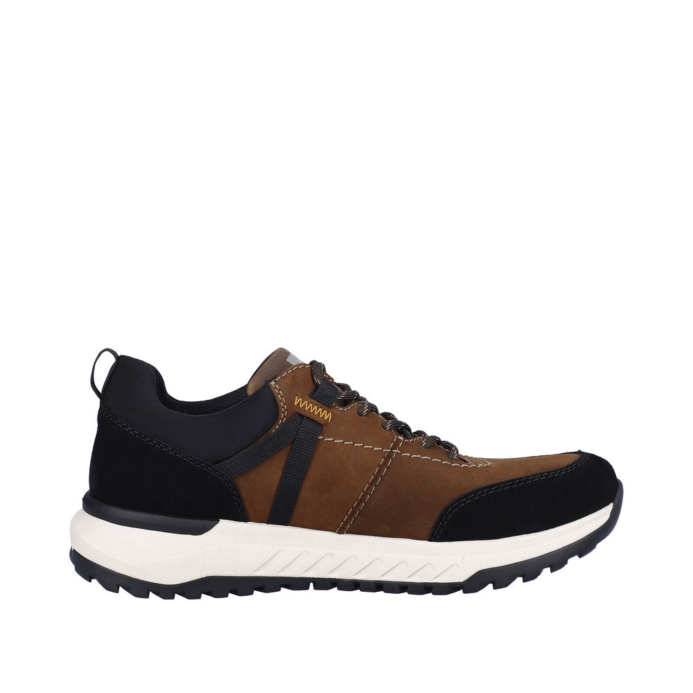 Rieker U0100-22 men's brown and black suede water-resistant lace-up shoes with white midsole and rugged outsole.