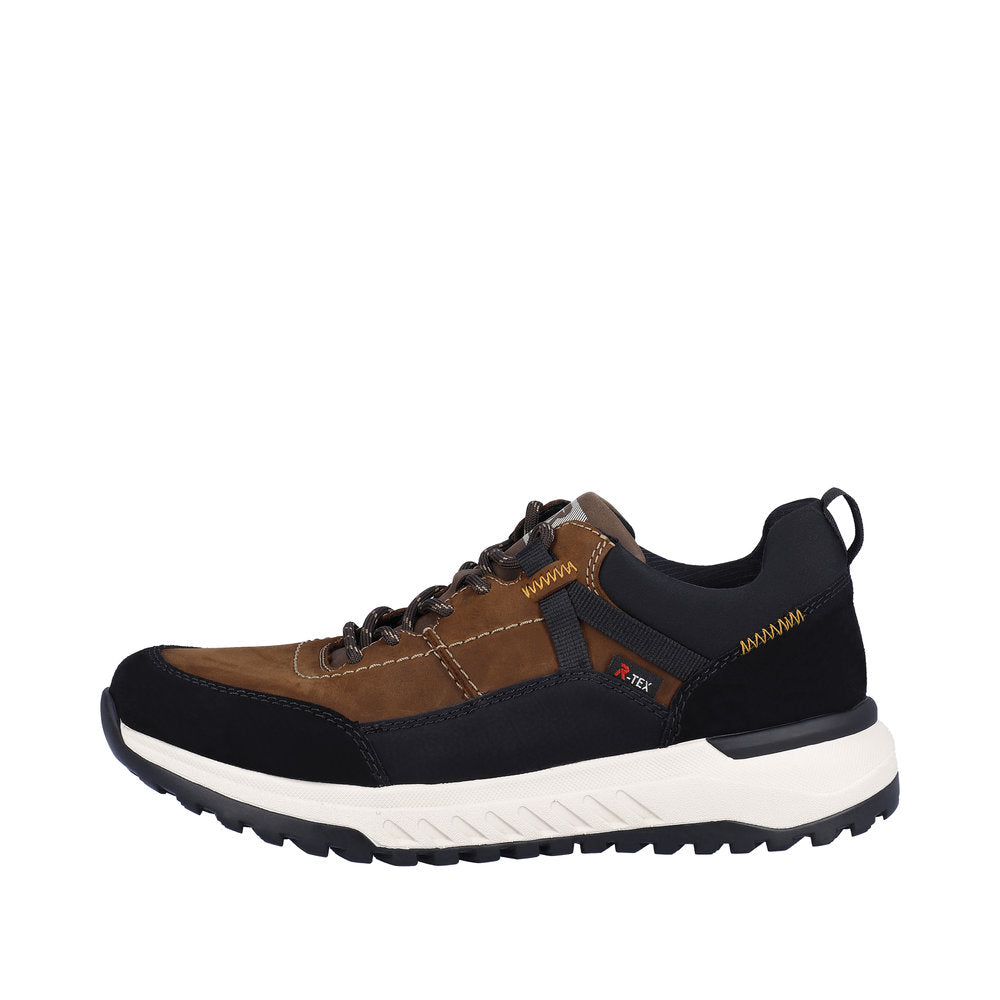 Rieker U0100-22 men's brown and black water-resistant suede lace-up walking shoes with cushioned sole.