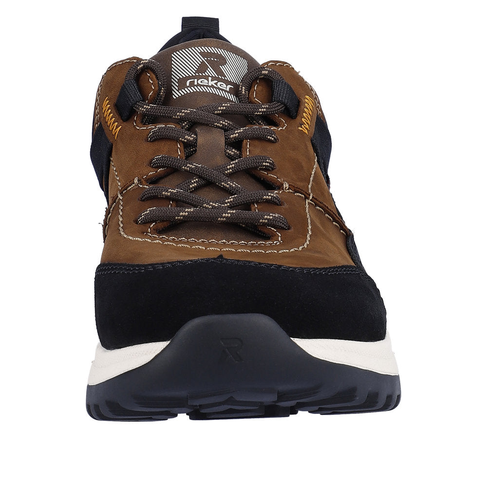 Rieker U0100-22 men's brown suede combi water-resistant lace-up shoes with black accents and white sole.