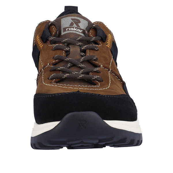 Rieker U0100-22 men's brown suede combi water-resistant lace-up shoes with black accents and white sole.