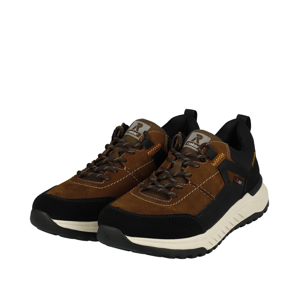 Rieker U0100-22 men's brown combi suede water-resistant lace-up shoes with cushioned sole and black accents.