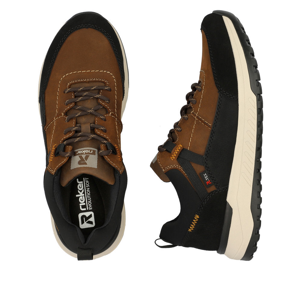 Rieker men's brown water-resistant suede lace-up shoes with black sole and cushioned interior.