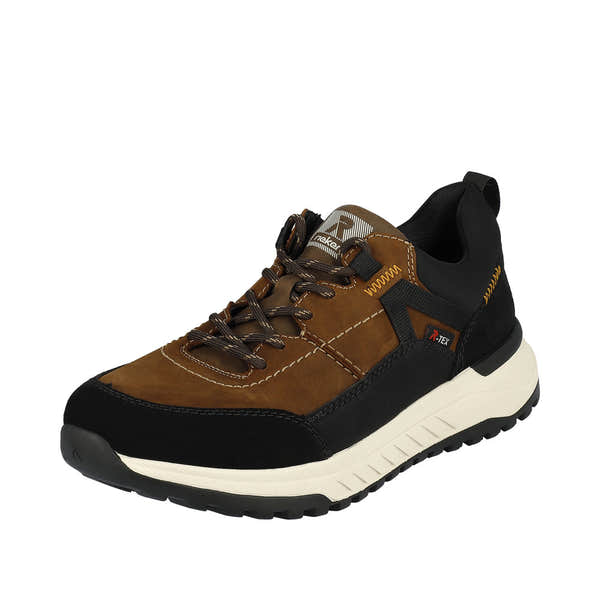 Rieker men's brown suede water-resistant lace-up shoes with black accents, cushioned sole, and sporty design.
