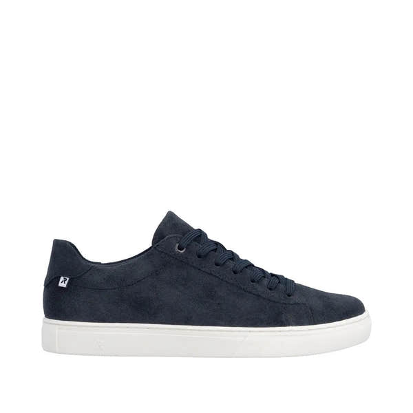 Blue suede lace-up men's shoes with white rubber sole and minimalist design.