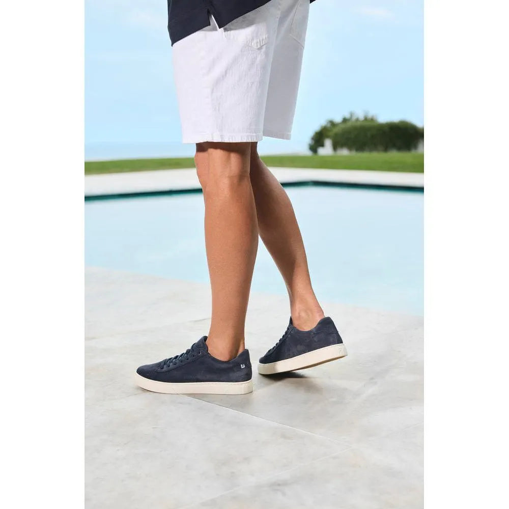 Men's blue suede lace-up shoes with white soles, casual stylish design.