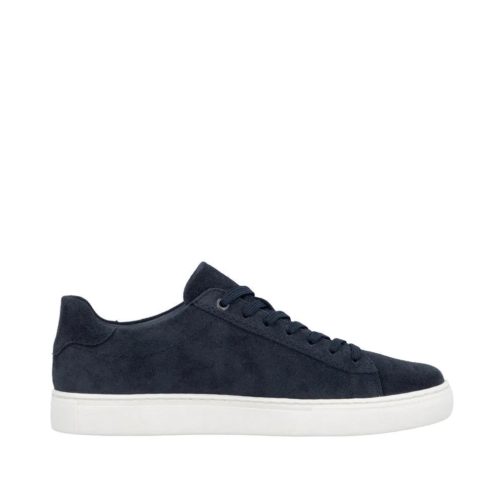 Blue suede lace-up men's casual sneakers with a white rubber sole and minimalist design.