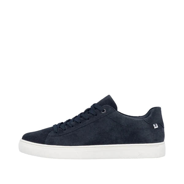 Men's blue suede lace-up shoes with white rubber sole, rounded toe, and minimal design.