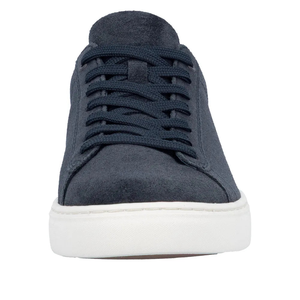 Blue suede lace-up men's shoe with a white rubber sole, rounded toe, and textured finish.