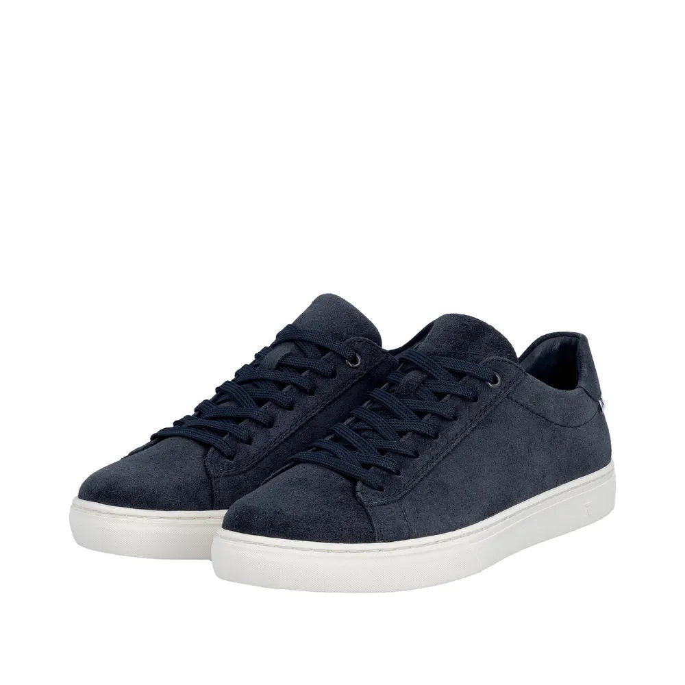 Men's blue suede lace-up shoes with white rubber soles, casual style, soft material, and detailed stitching.