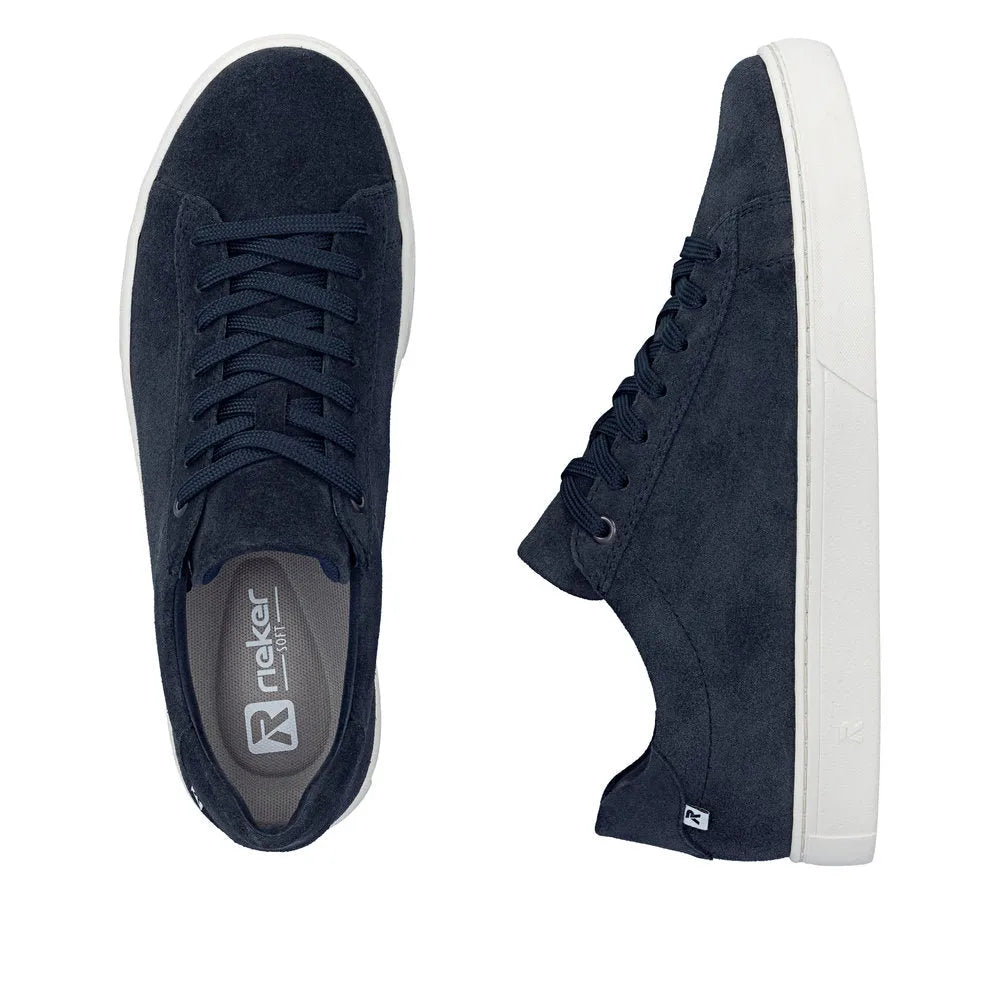 Mens blue suede lace-up shoes, sleek style, white sole, high-top design, with visible stitching and logo detail.