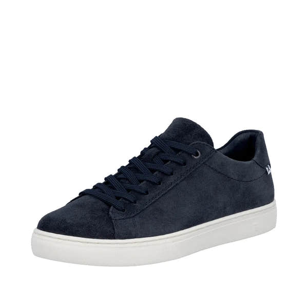 Men's navy blue suede lace-up sneakers with white rubber soles.