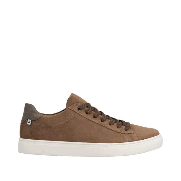 Brown suede lace-up men's shoes with a white rubber sole and contrasting gray heel detail.