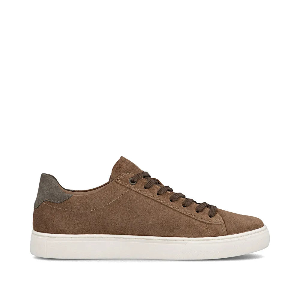 Rieker U0701-22 men's brown suede lace-up casual sneaker with white sole and contrasting gray heel detail.