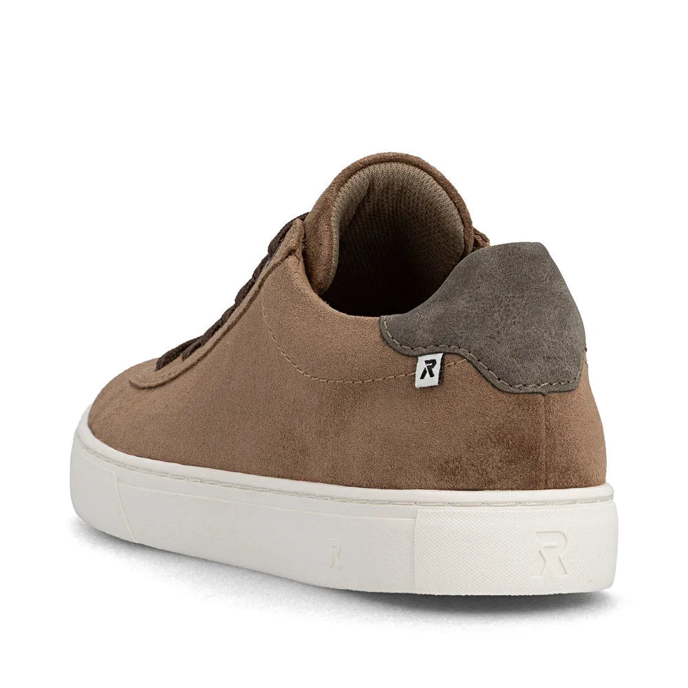 Brown suede lace-up men's shoes with a white rubber sole and gray heel detail, featuring Rieker branding.