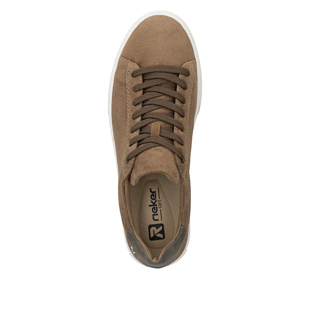 Brown suede lace-up men's sneaker with white sole and padded collar, stylish and casual.