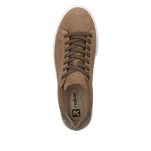 Brown suede lace-up men's sneaker with white sole and padded collar, stylish and casual.