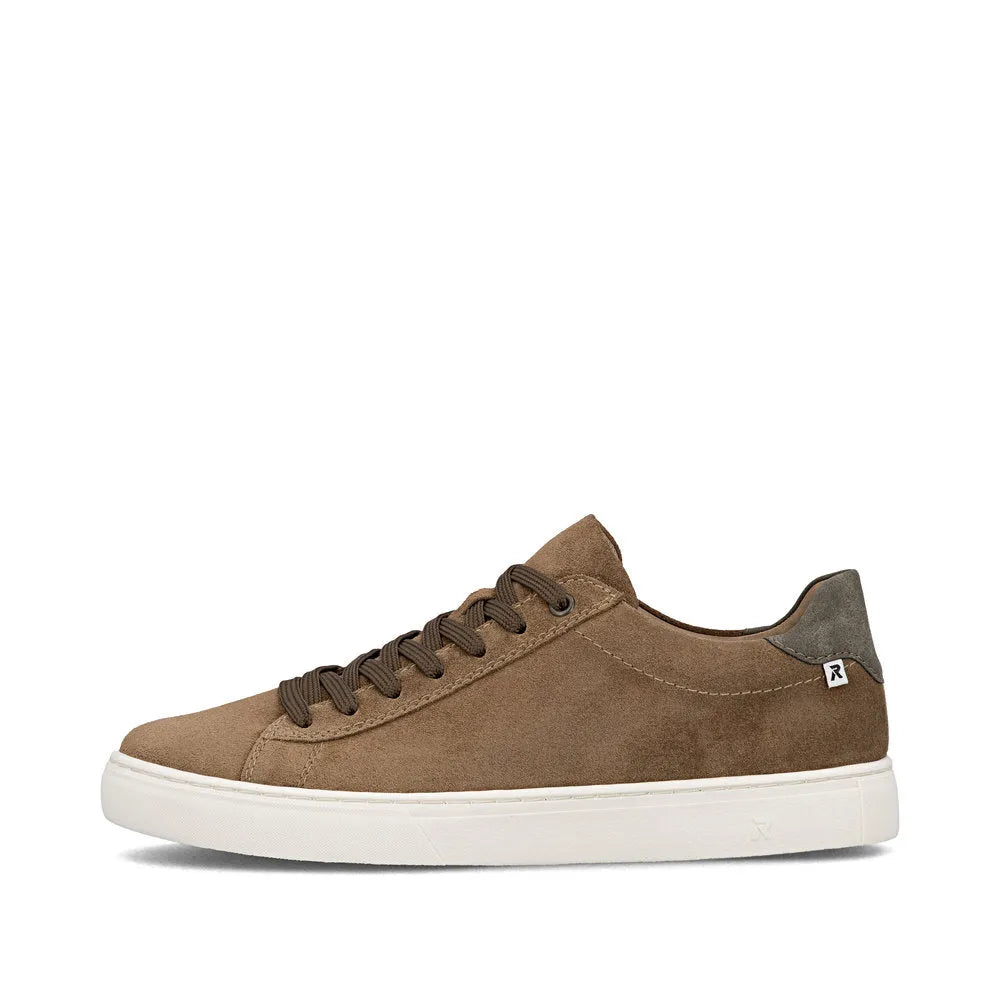 Men's brown suede lace-up shoes with a white rubber sole and contrasting gray heel detail.