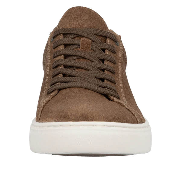 Brown suede lace-up men's shoes with white rubber soles, rounded toe, and stitched detail.