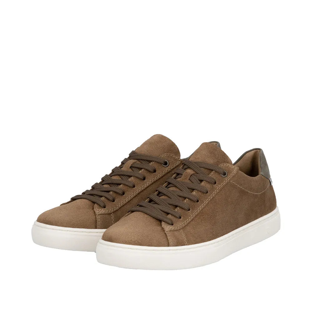 Brown suede lace-up shoes for men with white rubber soles and dark brown laces.