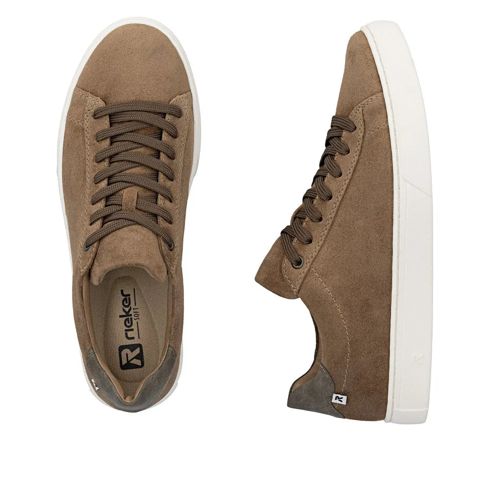 Men's brown suede lace-up shoes, with white rubber soles, casual style, and padded collar.