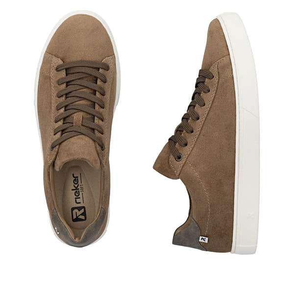 Men's brown suede lace-up shoes, with white rubber soles, casual style, and padded collar.