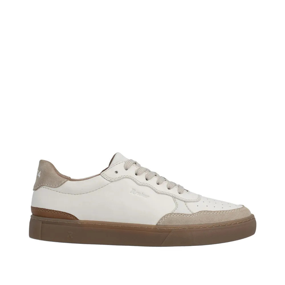 Men's white leather lace-up shoes with beige suede accents and a brown rubber sole.