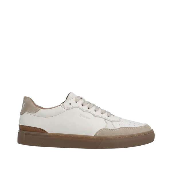 Men's white leather lace-up shoes with beige suede accents and a brown rubber sole.