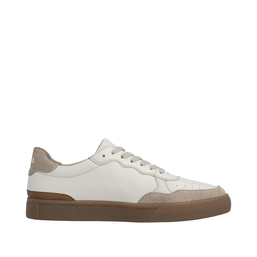 White leather lace-up men's shoes with beige suede accents and a brown rubber sole.